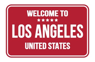 WELCOME TO LOS ANGELES - UNITED STATES, words written on red street sign stamp