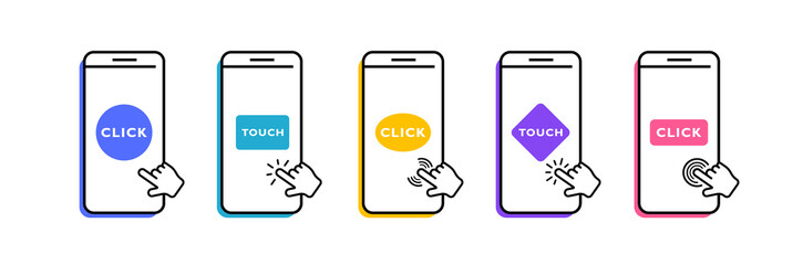 Set mobile phone with hand pointer. Touch and click smartphone screen. Clicking hand pointer on the screen phone. Vector illustration