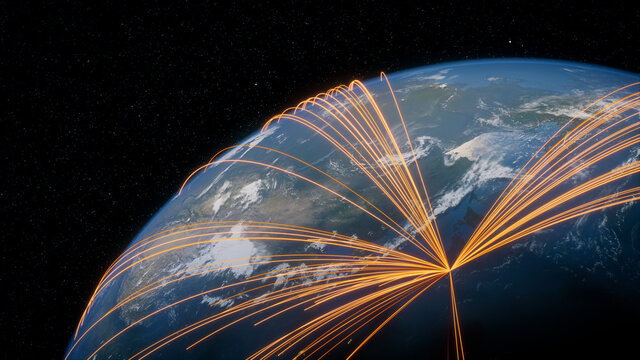Earth in Space. Orange Lines connect Tokyo, Japan with Cities across the World. International Travel or Networking Concept.