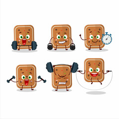 A healthy gingerbread cartoon style trying some tools on Fitness center