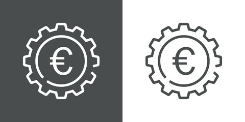 Proceso financiero. Logotipo engranaje con símbolo del euro con lineas en fondo gris y fondo blanco