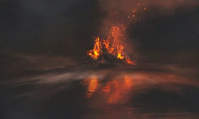 Fotobehang Chocoladebruin Fantasy futuristic night landscape with abstract mountains. Night fire, Turkey, natural disaster, nature is burning, mountains are burning. Rest area on fire. The beach is on fire. Hot night. 3D  © MiaStendal