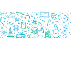 Hand drawn christmas sketches. Freehand background. Sketchy xmas banner with holiday elements. Winter holidays. Happy New Year. Children's drawings. Colored illustration