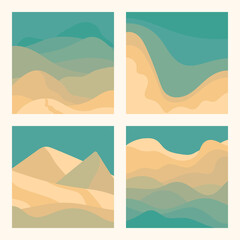 Abstract flat vector illustrations of beach, dunes, desert, mountains. Modern art print with minimalist landscape. Contemporary aesthetic backgrounds collection. Sand and turquoise colored scenery.