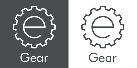 Logotipo palabra Gear con letra inicial e en silueta de engranaje con lineas en fondo gris y fondo blanco