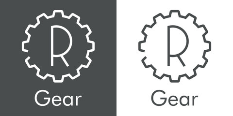Logotipo palabra Gear con letra inicial R en silueta de engranaje con lineas en fondo gris y fondo blanco