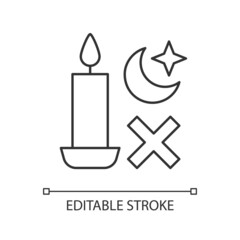 Never use candle while sleeping linear manual label icon. Thin line customizable illustration. Contour symbol. Vector isolated outline drawing for product use instructions. Editable stroke