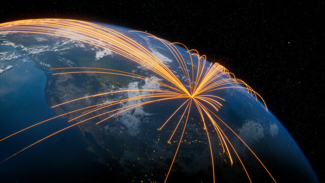 Earth in Space. Orange Lines connect Detroit, USA with Cities across the World. International Travel or Networking Concept.