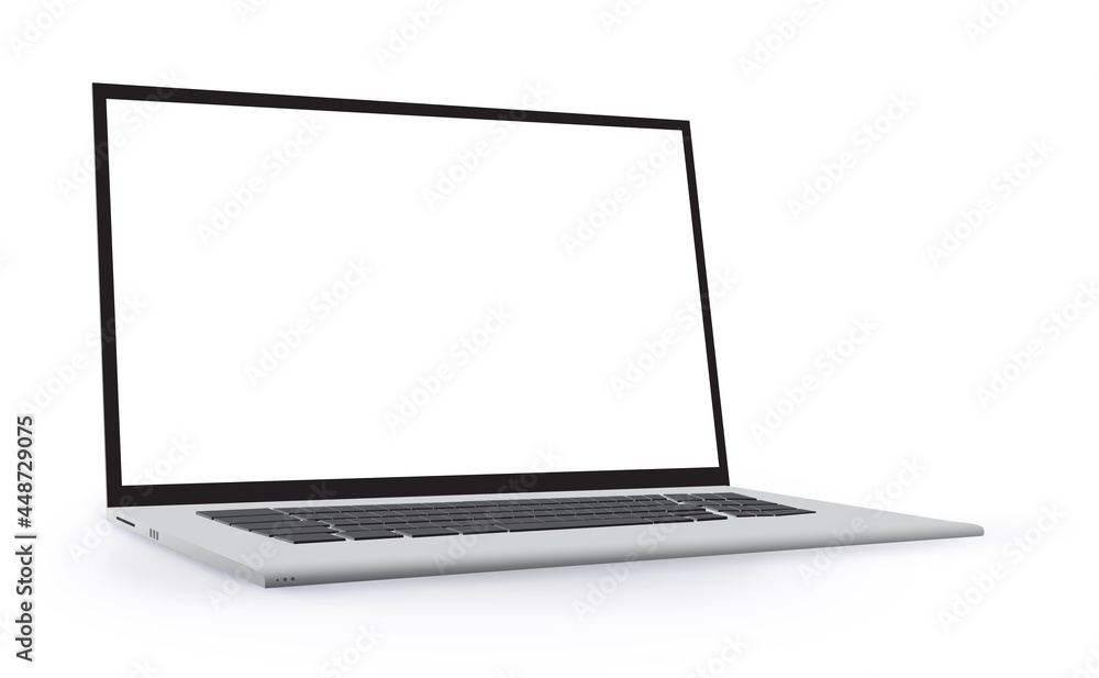 Poster laptop computer perspective view mockup. notebook pc realistic vector illustration template with tra