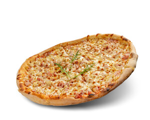 Pizza with cheese and tomato sauce isolated on white background. Deliciouse topping.