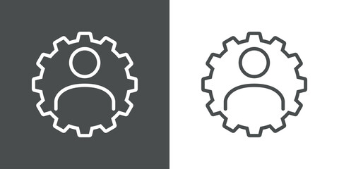Men at work. Logotipo engranaje con hombre con lineas en fondo gris y fondo blanco