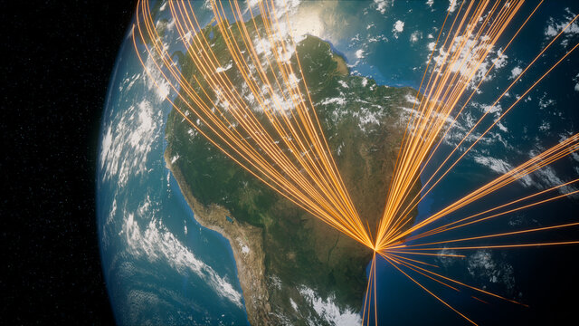 Earth in Space. Orange Lines connect Sao Paulo, Brazil with Cities across the World. International Travel or Communication Concept.