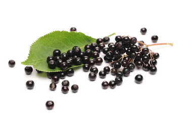 Elderberries, elder berries pile with green leaf, isolated on white background