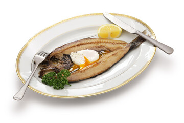 kipper(smoked herring) and poached egg, traditional British breakfast dish