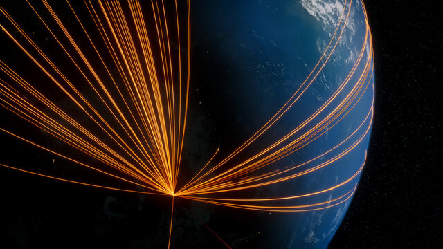Earth in Space. Orange Lines connect Melbourne, Australia with Cities across the World. Global Travel or Business Concept.