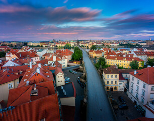 Beautiful rooftop view over Prague, Charles Bridge, old town and the city center