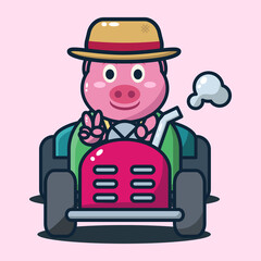 vector illustration of cute pig riding a tractor