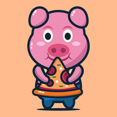 vector illustration of cute pig eating pizza