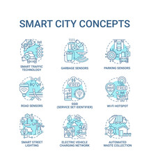 Smart city blue concept icons set. Smart system idea thin line blue illustrations. Sensors for road, transport and garbage control. Energy management. Vector isolated outline drawings. Editable stroke