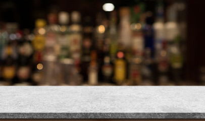 Empty white marble stone table top and blur interior cafe and restaurant.	