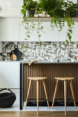 Stylish kitchen interior design with dining space. Workspace with kitchen accessories on the back ground. Creative walls with woode pannels. Minimalistic style an plant love concept.