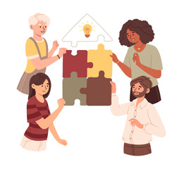 Joint teamwork, building business team abstract concept. Working multiracial characters, diverse people connecting puzzle pieces. Cooperation, business partnership metaphor. Flat vector illustration