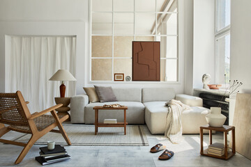 Creative composition of stylish and cozy living room interior with mock up structure painting, grey corner sofa, window, armchair and personal accessories. Beige neutral colors. Template.