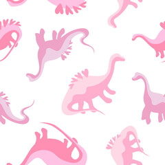 Fototapeta premium Cute seamless girly dinosaur pattern with hearts on their backs. Children's print with pink dinosaurs, baby pattern for fabric, for textiles, for paper, for nursery decorating. Jurassic cute texture
