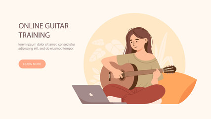 Learning, online education, training to play guitar, music lessons. Girl watching video lesson on laptop screen and playing guitar. Creative hobby, leisure activity. Flat cartoon vector illustration
