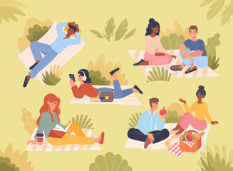 Diverse people spending time at summer park. Man woman sitting on plaid, talking, lying, sleeping, eating, listening to music, reading book. Outdoors leisure activity. Flat cartoon vector illustration