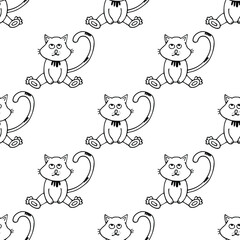Funny vector seamless pattern with hand drawn difference cats, paws, naive childish ornament. Doodle pattern for printing on fabric, clothing, wrapping paper, wallpaper for a kid's room, baby things