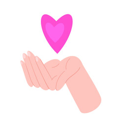 White skin hand holding pink heart. Care or love concept. Vector illustration