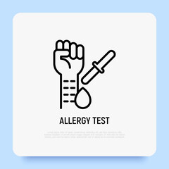 Allergy test thin line icon, prick test, hand and pipette with allergens. Modern vector illustration.