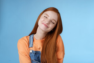 Dreamy kind silly redhead smiling happy girl straight long ginger hair daydreaming imagine romantic...