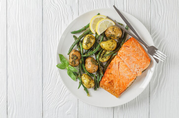 roast Salmon with pesto dressed veggies, top view