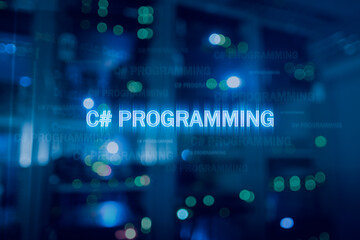 C sharp programming language and server room background. C# programming. 