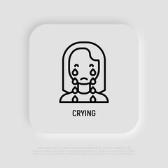 Crying woman thin line icon. Emotional stress, PMS, sadness, depression, negative emotion. Vector illustration.