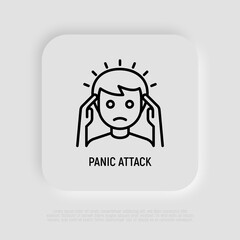Neurosis. Panic attack thin line icon: man feeling anxiety or stress and touching his head. Headache. Vector illustration.