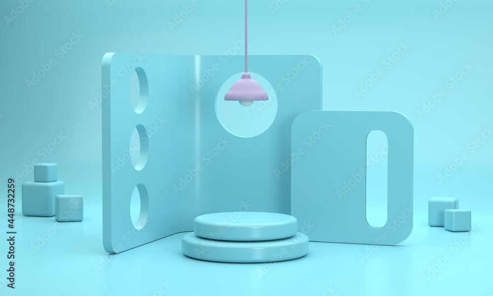 Poster 3d. green minimal studio with beautiful perforated partitions. and there is a circular podium for di