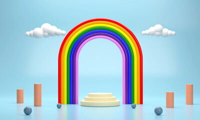 The circular podium is arranged in layers beneath a sweet, cute rainbow pillar and floating white clouds. scene stage mockup showcase for product, sale, banner, presentation, cosmetic.