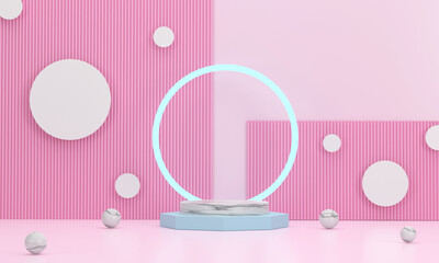 Round marble podium with a ring behind it for placing business items. with a cute pink background and marble balls on the ground. Scene stage mockup showcase for product, sale, banner, presentation