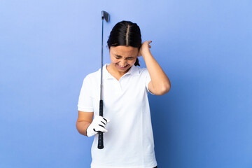 Young golfer woman over isolated colorful background frustrated and covering ears