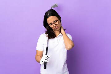 Young golfer woman over isolated colorful background with neckache