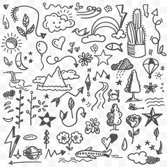 Nature and environment doodle art vector illustration black and white.
