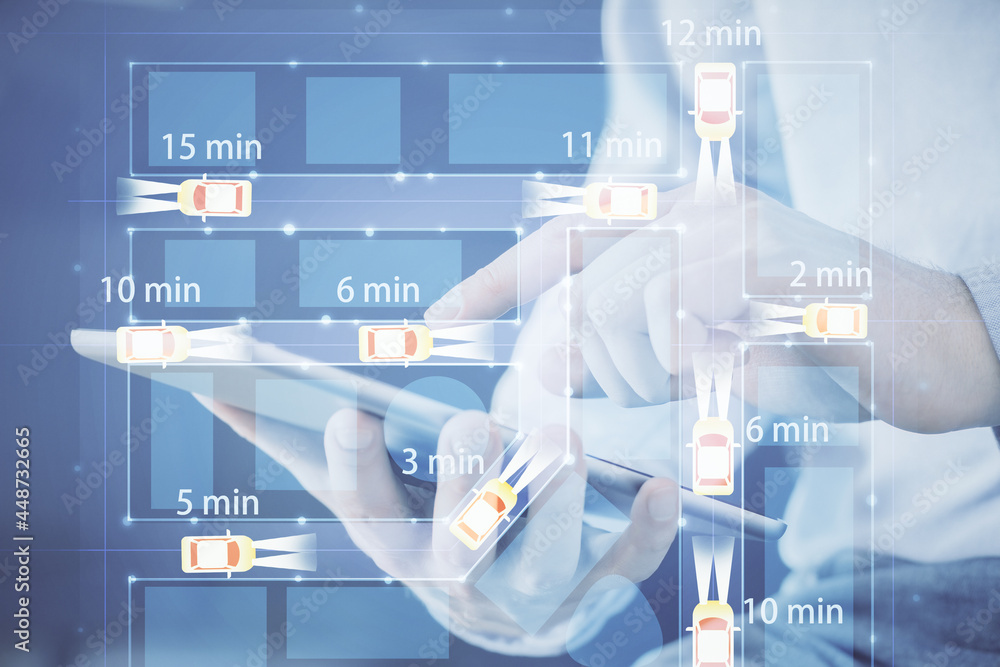 Poster double exposure of man's hands holding and using a digital device and automobile theme hologram draw