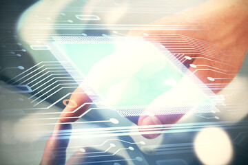 Multi exposure of man's hand holding and using a digital device and data theme drawing. Innovation concept.