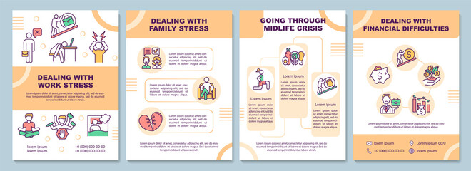 Dealing with work stress brochure template. Burnout. Flyer, booklet, leaflet print, cover design with linear icons. Vector layouts for presentation, annual reports, advertisement pages