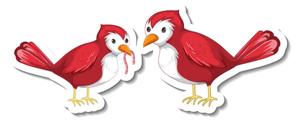 Sticker template with two red birds isolated on white background