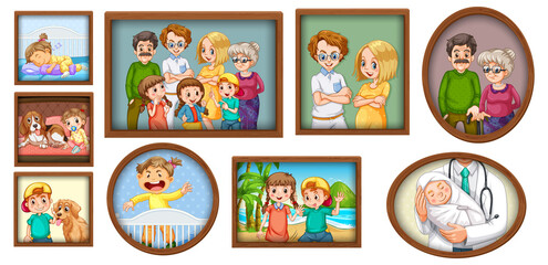 Set of happy family photo on the wooden frame