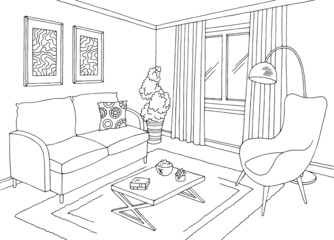 Living room graphic black white home interior sketch illustration vector 